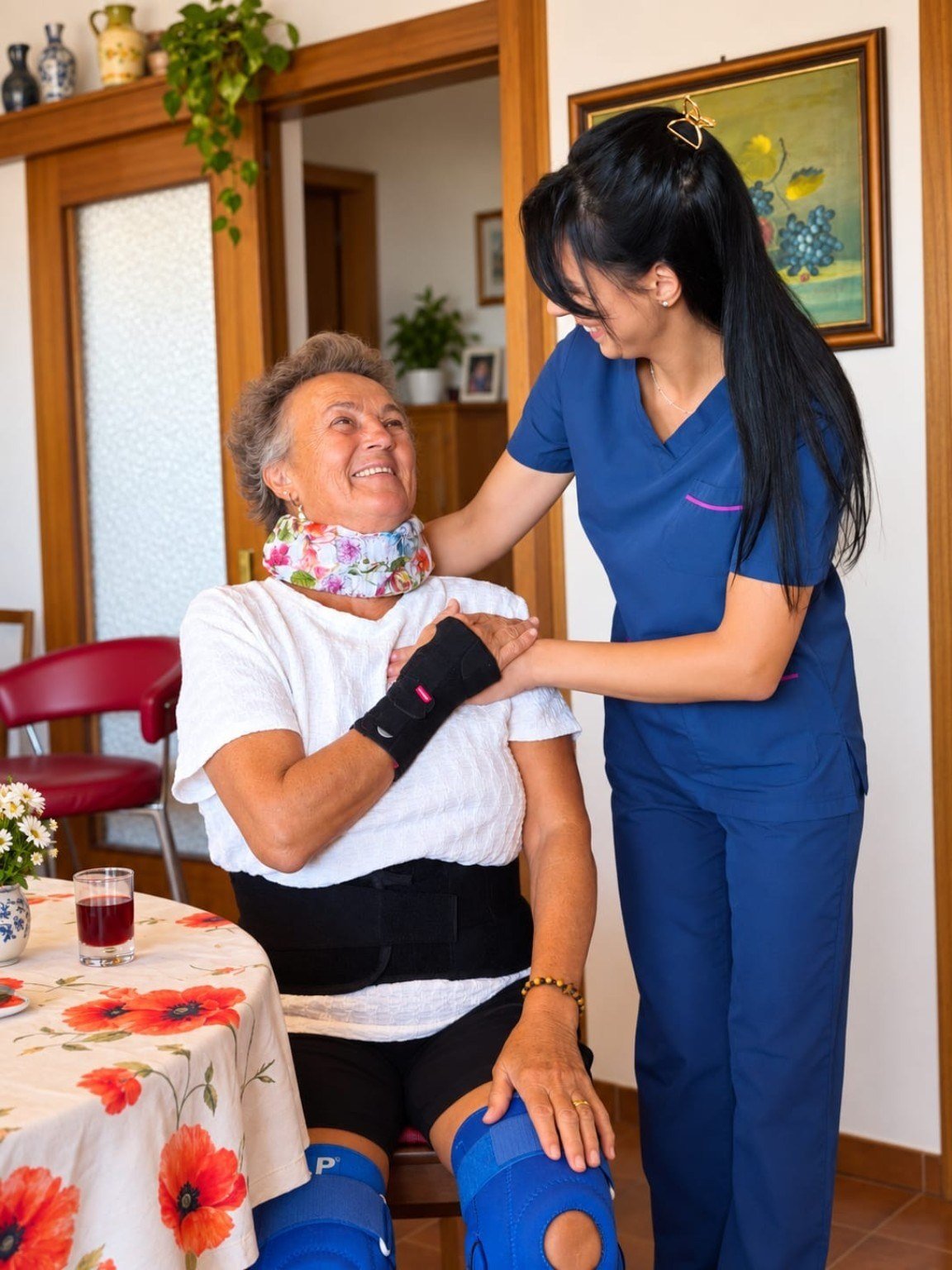 Valentina providing attentive support to an elderly person
