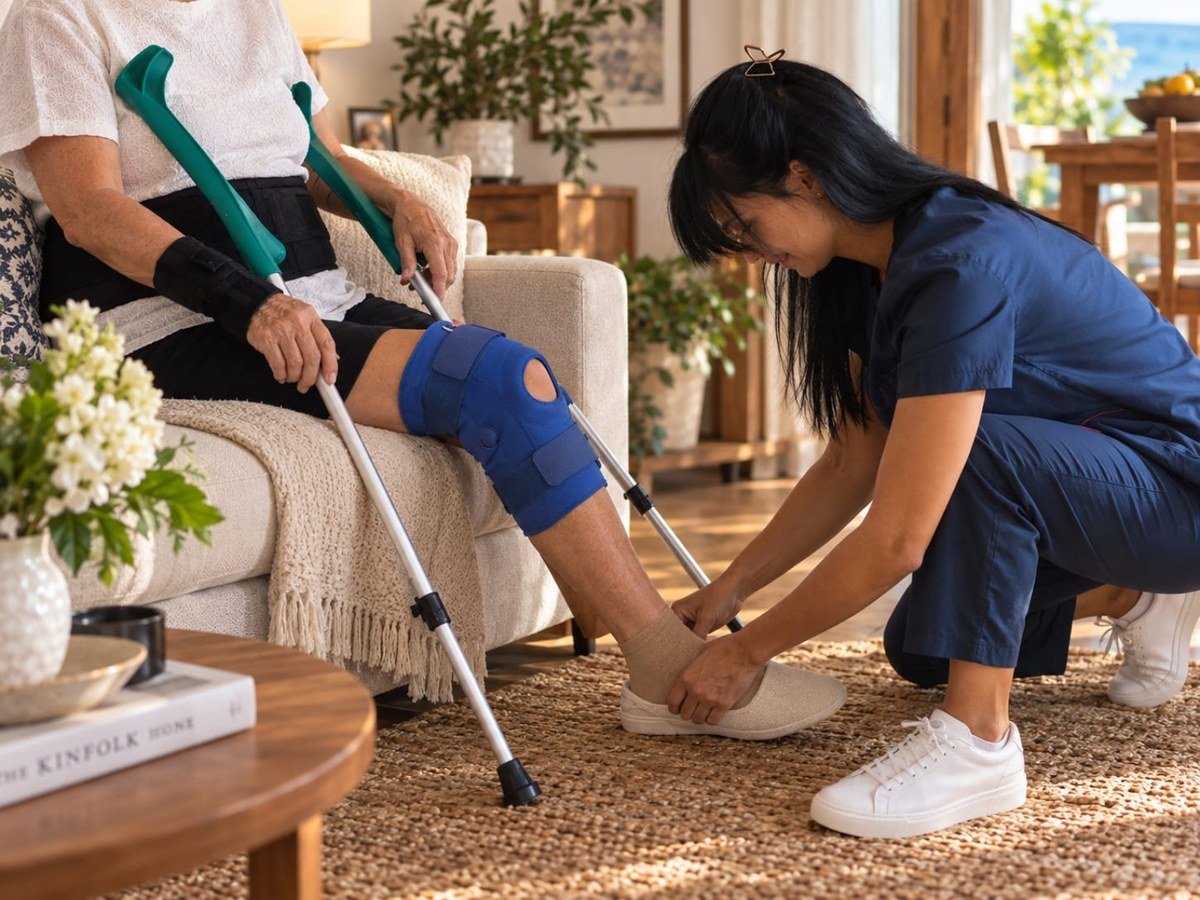 Valentina helping an elderly person with shoes and mobility