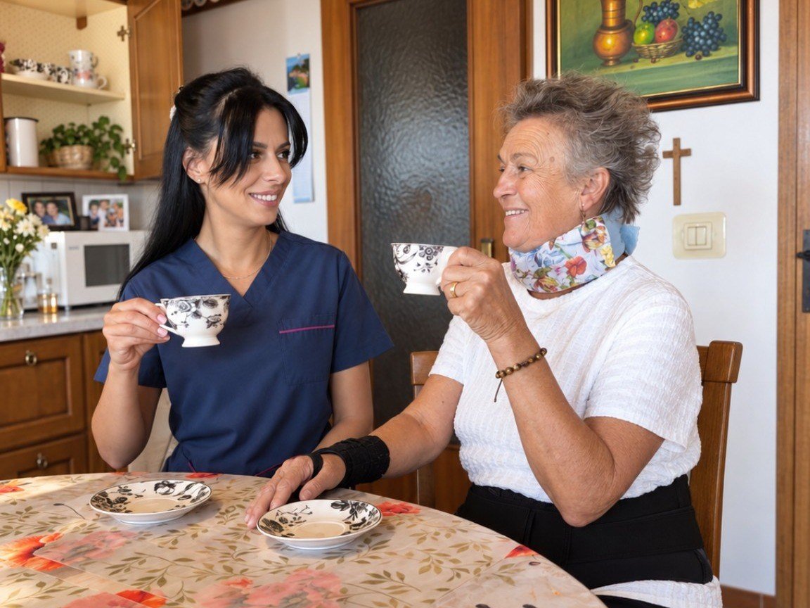 Valentina and an elderly person sharing a conversation over tea